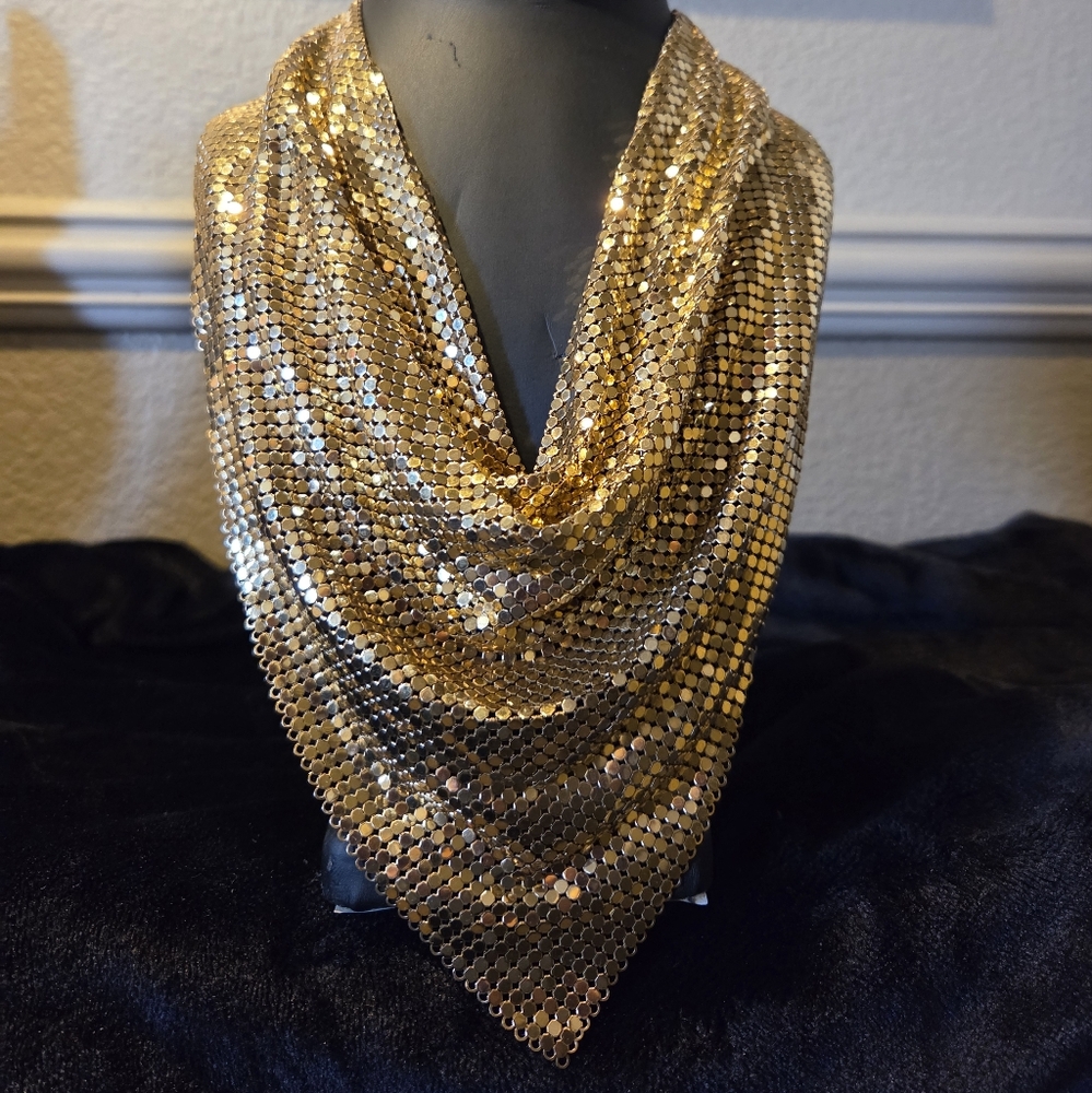 Vintage 1970's Whiting & Davis Gold Mesh Bib Scarf Necklace - Picture 2 of 8